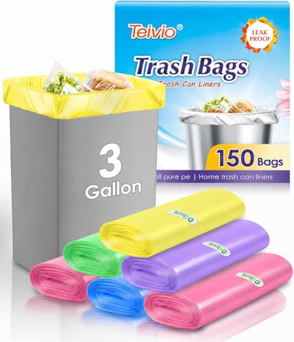 Small Trash Bags 3 Gallon 150 Count Small Trash Bags Colorful Small Garbage Bags, Trash Can Liners for Bathroom Home Office Kitchen Bedroom, fit 5-10 Liter, 1,1.2,1.6,2,2.6,3 Gal,Multicolor
