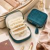 Small Travel Jewelry Case, Soft Fabric Zippered Jewelry Pouch with Dividers, Mini Organizer for Rings Earrings Necklaces, Women Travel Accessories (Peacock Green)