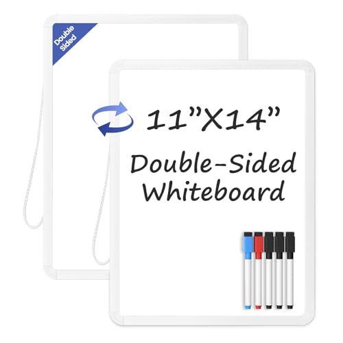 Small Wall White Board, 11" x 14" Mini Double-Sided Magnetic Dry Erase Board with Plastic Frame, Hanging Whiteboard with 5 Markers for Kids, Students, School, Kitchen, Home & Office