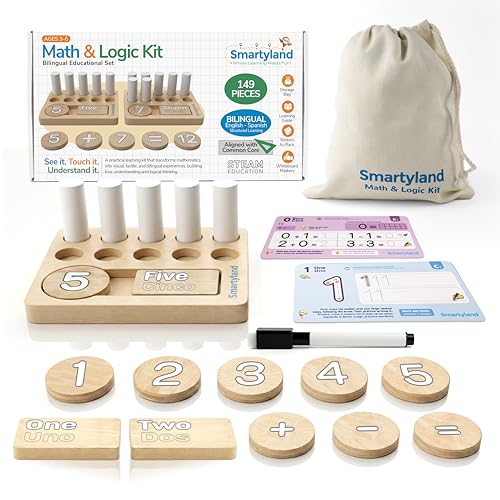 Smartyland Bilingual Math Toy English Spanish Educational Kit for Preschoolers | STEAM Early Math & Logic Set | Hands-on Addition, Subtraction, Counting, Logic Games, Wooden Boards, Activity Cards