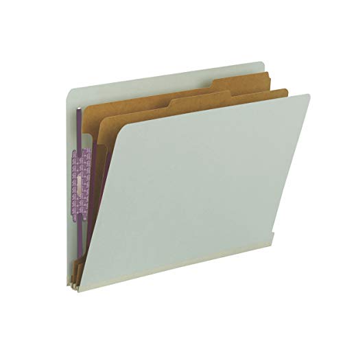 Smead 100% Recycled End Tab Pressboard Classification File Folder with SafeSHIELD Fasteners, 2 Dividers, 2" Expansion, Letter Size, Gray/Green, 10 per Box (26810)
