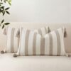 Smile Bee Boho Outdoor Couch Throw Pillow Covers Set of 2 Decorative Thick Woven Striped Accent Neutral Pillow Covers with Tassels for Bed Sofa Home Decor 12x20 Inch, Khaki and Cream White
