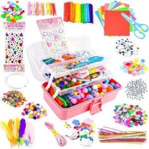SMILESSKIDDO Arts Craft Supplies for Kids - 1400+ PCS Toddler DIY Craft Art Supply Set, Portable 3 Layered Folding Storage Box School Craft Projects - Gifts for Girls Ages 4-8, 8-12, Pink