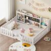 smilesun Montessori Wood Toddler Floor Bed with Door, Safety Guard Rails, Blackboard, Bedside Bookshelf & Plush Toy Storage, Low Kids Bed Frame for Boys and Girls（White Full）
