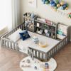smilesun Montessori Wood Toddler Floor Bed with Door, Safety Guard Rails, Blackboard, Bedside Bookshelf & Plush Toy Storage, Low Kids Bed Frame for Boys and Girls（Gray Twin）