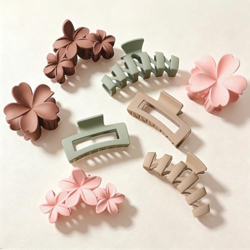 SMKSL 8 Pcs Hair Clips for Women, Stylish Flower Claw Clips for Thin Thick Curly Hair, Strong Hold & Non-Slip Claw Clips, Neutral Colors Hair Accessories, Ideal for Women Grils (Blossom & Earth)