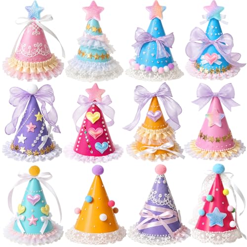 SNLN Princess Birthday Party Hat Craft Kit for Girls, 12 Pack DIY Party Hats with Stickers, Ribbons, Pom Poms, Lace Trim & Gem Decorations, Fun Birthday Party Activities Princess Party Favors Supplies