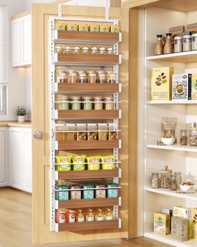 SNTD 8 Tiers Over the Door Organizer - Height Adjustable Pantry Organizers and Storage with Dense Mesh Baskets, Anti-Swing Hanging Door Spice Rack for Kitchen Bathroom (Walnut, 17" W x 6" D x 69" H)