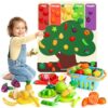 SOCBTNSO Pretend Play Food Set with Felt Tree Mat & Storage Basket: Kitchen Accessories Toys| Fruit and Veggie Sensory Toy| Montessori Color Sorting| Gift for 3 4 5 6 Year Old Toddlers Kids Boys Girls