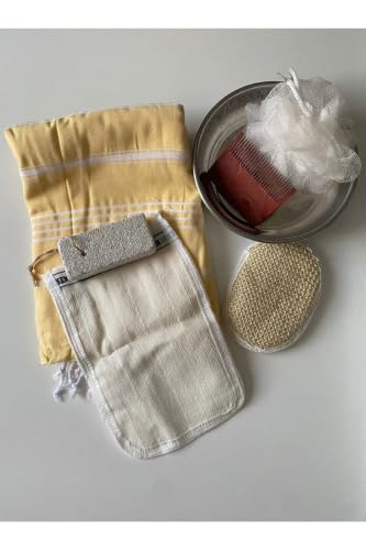 SODEF 7-Piece Turkish Bath Set for Men & Women - Premium Peshtemal, Aluminum Bowl, Kese, Pumice Stone, Comb, and Loofah - Appropriate for Spa, Beach, and Wedding Gifts - Yellow
