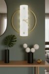 SODEF LED Wall Clock 23.6 x 23.6 in Modern Decorative Gold Metal Wood Combination Battery Operated Wireless Lighting for Living Room Home Decor - Gold