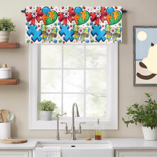 SODIKA Cartoon Jigsaw Kitchen Valances for Windows, Rod Pocket Short Window Treatment, Colorful Bows Hearts Daisy Flowers Curtain Valances for Bathroom Living Room 1 Panel 60 x 18 Inch