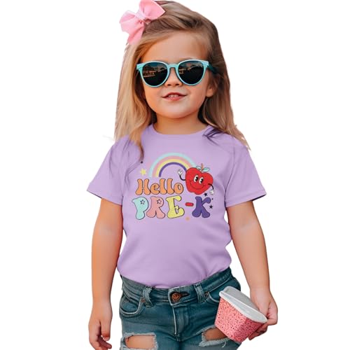 SOFEON Hello Pre-K Shirts Toddler Girls Back to School T-Shirt Apple Rainbow First Day of School Outfits Pre-K Gift Tee Tops(Purple,4-5T)