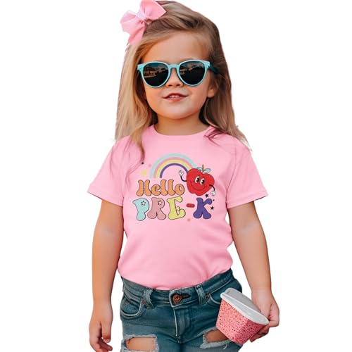 SOFEON Hello Pre-K Shirts Toddler Girls Back to School T-Shirt Apple Rainbow First Day of School Outfits Pre-K Gift Tee Tops(Pink,4-5T)