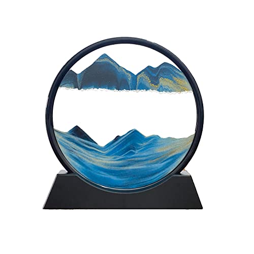 SOFLIY 3D Dynamic Sand Art Liquid Motion, Moving Sand Art Picture Round Glass 3D Deep Sea Sandscape in Motion Display Flowing Sand Frame Relaxing Desktop Home Office Work Decor (Blue, 12")