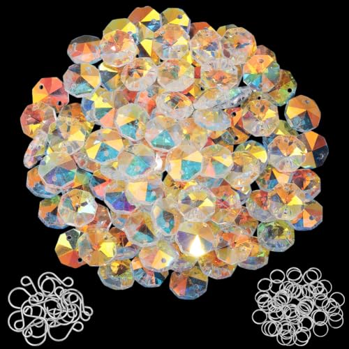 SOFPLATE 1 Box 240Pcs 14mm Octagon Crystal Beads DIY Suncatcher Kits 150Pcs AB Octagon Glass Beads with Split Rings Stainless Steel Hooks Suncatcher Supplies for Hanging Ornament Chandelier Repair