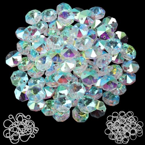 SOFPLATE 1 Box 240Pcs Crystal Suncatcher Making Kit 150Pcs 14mm AB Octagon Glass Crystal Beads with Iron Split Rings Stainless Steel Hooks Chandelier Crystal Parts for DIY Hanging Home Decorations