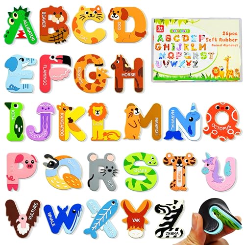 Soft Rubber Magnetic Letters with Thicker Full Back, Big Size Animal Alphabet Magnets for Fridge,Cute ABC Letter Fridge Magnets for Pre-School Learning Tools Birthday Present