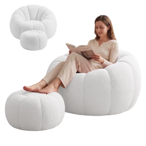 Soft Velvet Cotton Pumpkin Bean Bag Chair with Matching Footstool, High Density Filling Ergonomic Oversized Lazy Sofa, Comfy Floor Accent Chair for Living Room Bedroom Balcony Reading Gaming