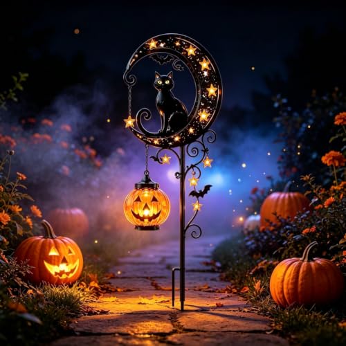 Solar Halloween Black Cat &Pumpkin Moon Garden Stake Ligh, Metal Half Moon Outdoor Decorative Lights for Yard Lawn Patio Front Porch Halloween Holiday Outside Decoration (1pcs)