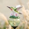 Solar Hummingbird Pathway Light, 30 Inch Resin Glass Crackle Globe Solar Powered, Garden Decorative Ground Insert Lamp for Lawn Patio Yard