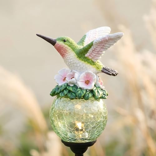Solar Hummingbird Pathway Light, 30 Inch Resin Glass Crackle Globe Solar Powered, Garden Decorative Ground Insert Lamp for Lawn Patio Yard