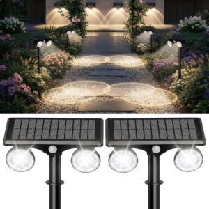 Solar Lights Outdoor Waterproof, Dual Heads Adjustable Solar Spot Lights Outdoor, 2-in-1 Motion Sensor Solar Powered Spotlight Landscape Lighting for Garden, Yard, Pathway- 2 Pack (Cool White)