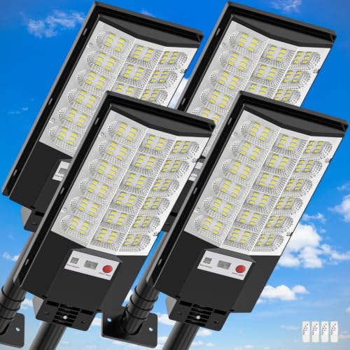 Solar Street Lights Outdoor Waterproof,48000LM 320°Wide Angle Flood Light, LED Solar Parking Light with Motion Sensor and Remote Control for Outdoor, Streets, Courtyards,Parking Garages,4Pack
