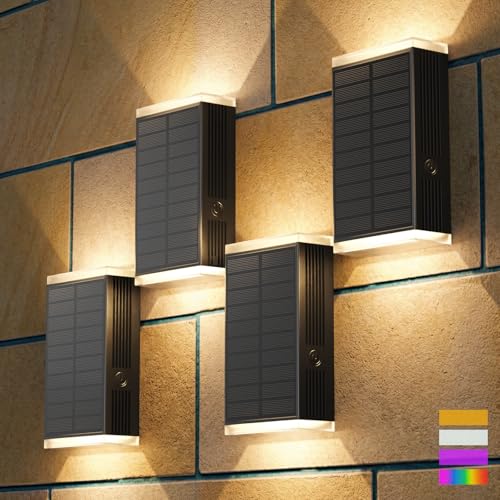 Solar Wall Light Outdoor,3000/4500/6000K/RGB 13 Modes Dusk to Dawn Wall Lighting Solar Sconce Lights IP67 Waterproof Up and Down Solar Lights Outdoor for House, Yard ,Garage, Porch,Fence,Patio(4PCS)