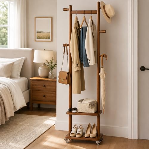 Solid Wood Coat Rack Freestanding Clothing Rack with Wheels & 2 Shelves Storage & 5 Hooks Heavy Duty Clothes Rack Wood Coat Tree Stand Hat Hanger Rack for Corner Bedroom Entryway Living Room Hotel