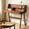 Solid Wood Writing Desk with Hutch, Mid Century Modern Aesthetic Computer Laptop Table with Drawers & Lower Storage Shelf for Bedroom Work Study, Minimalist Home Office Work Table for Women Men