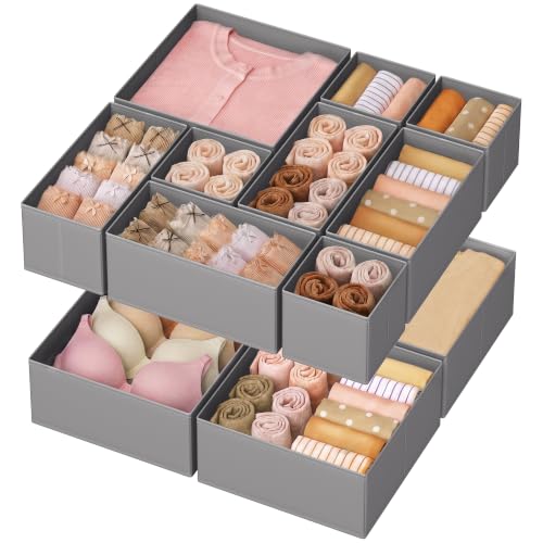 SONGMICS Drawer Organizers, Dresser Divider Organizers, Set of 12, Foldable Fabric Storage Boxes for Socks, Underwear, Bras, Ties, Scarves, Dove Gray URDZ006G02