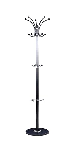 SONGMICS Freestanding Coat Rack, Steel Coat Tree with Marble Base, 18 Hooks and Umbrella Holder, Rotating Top, 14.6 x 14.6 x 70.1 Inch, Hallway Clothes Hanger Alan Collection, Ink Black, URCR091BH01