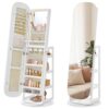 SONGMICS HOME 360° Swivel Jewelry Cabinet Standing, Full Length Mirror with Storage, Lockable Jewelry Armoire with Vanity and Rear Shelves, Cloud White UJJC036W01SH