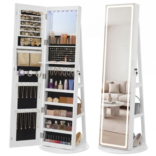 SONGMICS HOME LED Standing Jewelry Armoire, Full Length Mirror with Lights, Lockable Large Jewelry Box, Vanity Mirror with Storage, Space-Saving Organizer, Gift Idea, White UJJC008W01SH