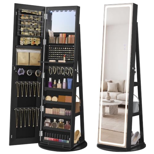 SONGMICS HOME LED Standing Jewelry Armoire, Full Length Mirror with Lights, Lockable Large Jewelry Box, Vanity Mirror with Storage, Space-Saving Organizer, Gift Idea, Ink Black UJJC008B01SH