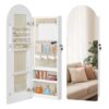 SONGMICS HOME Over the Door Mirror Jewelry Cabinet, Lockable Jewelry Armoire with Arch Mirror, Wall Mounted Organizer with Inner Mirror and LED Lights, 16.7 x 4.1 x 42.7 inches, Cloud White and Tan