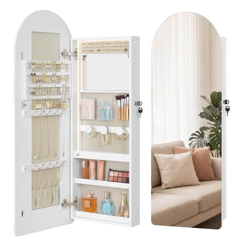 SONGMICS HOME Over the Door Mirror Jewelry Cabinet, Lockable Jewelry Armoire with Arch Mirror, Wall Mounted Organizer with Inner Mirror and LED Lights, 16.7 x 4.1 x 42.7 inches, Cloud White and Tan