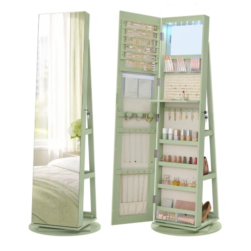 SONGMICS HOME Standing Jewelry Armoire, Full Length Floor Mirror with Storage, Lockable Jewelry Cabinet with 6 LED Lights, Built-in Vanity, Laurel Green Surface, Cream White Lining UJJC007C01SH