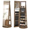 SONGMICS HOME Standing Jewelry Armoire, Full Length Floor Mirror with Storage, Lockable Jewelry Cabinet with 6 LED Lights, Built-in Vanity, Rustic Brown Surface, Black Lining UJJC007X01SH