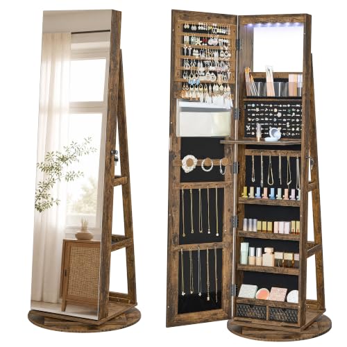 SONGMICS HOME Standing Jewelry Armoire, Full Length Floor Mirror with Storage, Lockable Jewelry Cabinet with 6 LED Lights, Built-in Vanity, Rustic Brown Surface, Black Lining UJJC007X01SH