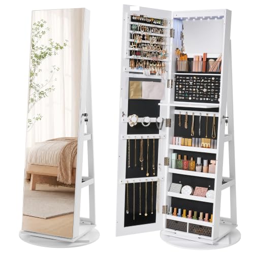 SONGMICS HOME Standing Jewelry Armoire, Full Length Floor Mirror with Storage, Lockable Jewelry Cabinet with 6 LED Lights, Built-in Vanity, White Surface, Black Lining UJJC007W01SH