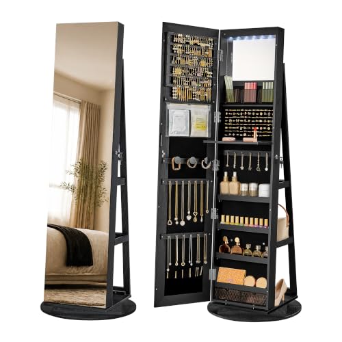 SONGMICS HOME Standing Jewelry Armoire, Full Length Floor Mirror with Storage, Lockable Jewelry Cabinet with 6 LED Lights, Built-in Vanity, Black Surface, Black Lining UJJC007B01SH