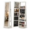 SONGMICS HOME Standing Jewelry Cabinet, Full Length Mirror with Storage, Swivel Jewelry Armoire, Lockable Rotating Jewelry Organizer, Rear Storage Shelves, Bedroom Organization, White UJJC006W01SH