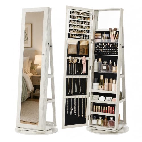 SONGMICS HOME Standing Jewelry Cabinet, Full Length Mirror with Storage, Swivel Jewelry Armoire, Lockable Rotating Jewelry Organizer, Rear Storage Shelves, Bedroom Organization, White UJJC006W01SH