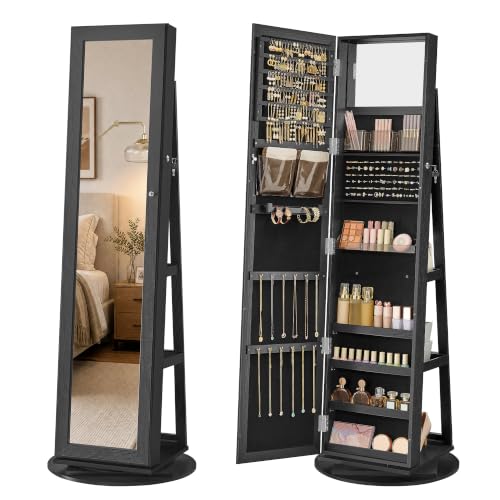 SONGMICS HOME Standing Jewelry Cabinet, Full Length Mirror with Storage, Swivel Jewelry Armoire, Lockable Rotating Jewelry Organizer, Rear Storage Shelves, Bedroom Organization, Black UJJC006B01SH