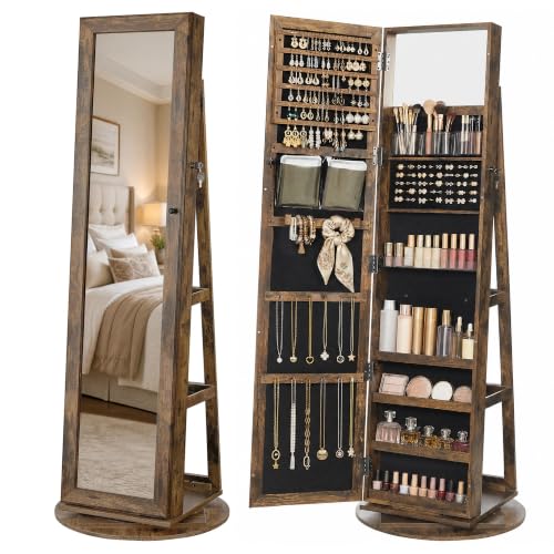 SONGMICS HOME Standing Jewelry Cabinet, Full Length Mirror with Storage, Swivel Jewelry Armoire, Lockable Rotating Jewelry Organizer, Rear Shelves, Bedroom Organization, Rustic Brown UJJC006X01SH