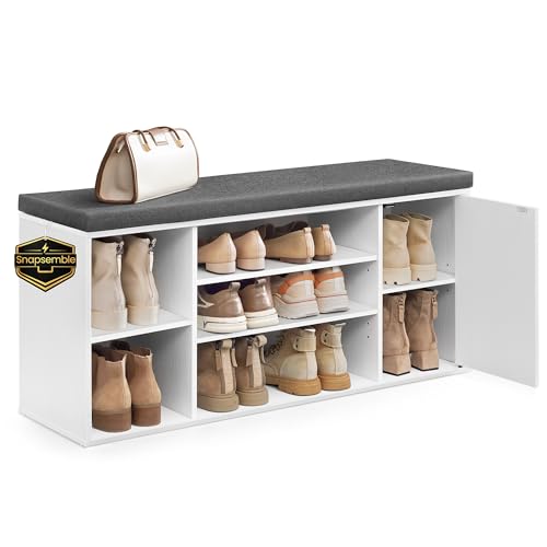 SONGMICS HOME Storage Bench, Snapsemble Superfast Assembly, 41" Wide Entryway Shoe Cubby Bench with Cushion & Adjustable Shelves, Window Shoe Rack Cabinet, Snow White and Slate Gray ULHS391WE02S