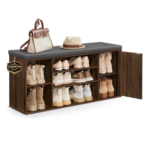 SONGMICS Home Storage Bench, Snapsemble Superfast Assembly, 41" Wide Entryway Shoe Bench with Cushion & Adjustable Shelves, Shoe Rack Cabinet, Natural Walnut and Slate Gray ULHS391KE04S