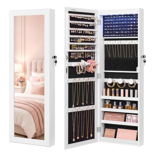 SONGMICS Jewelry Cabinet, Wall or Door Mounted Armoire with Full Length Mirror, Large Capacity Organizer, 6 LED Lights, 42.5 x 3.9 x 14.6 inch, White, BERIT Collection UJJC092W101